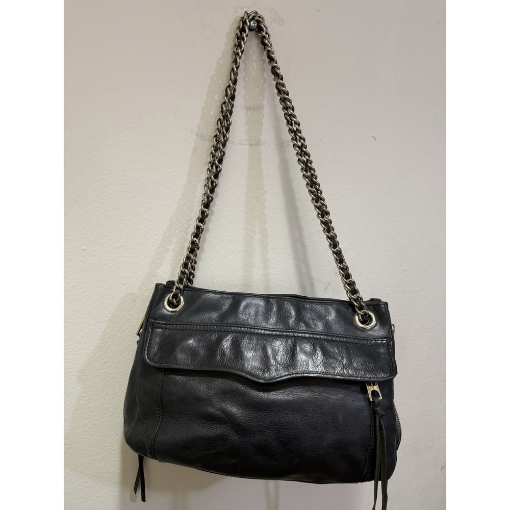 VTG REBECCA MINKOFF Black Double Chain Swing Leather Shoulder Crossbody HandBag